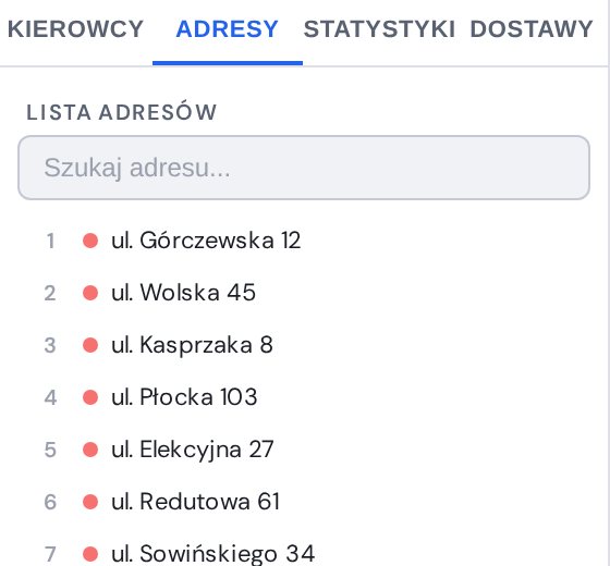 Lista adresów dostaw z wyszukiwarką