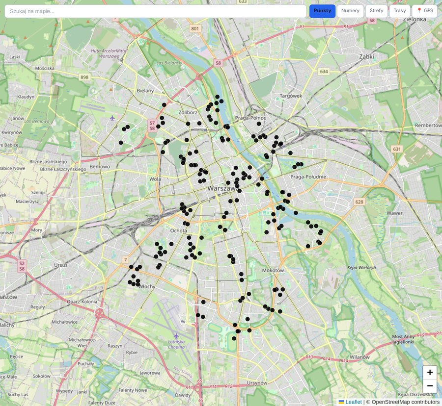 Mapa wszystkich adresów dostaw na dany dzień, zanim zostaną przypisane do kierowców