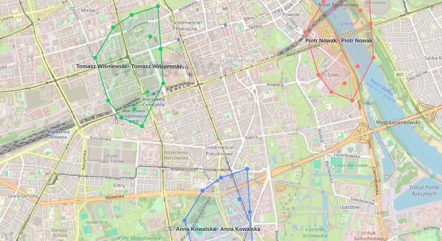 Mapa podzielona na kolorowe rejony przypisane do kierowców
