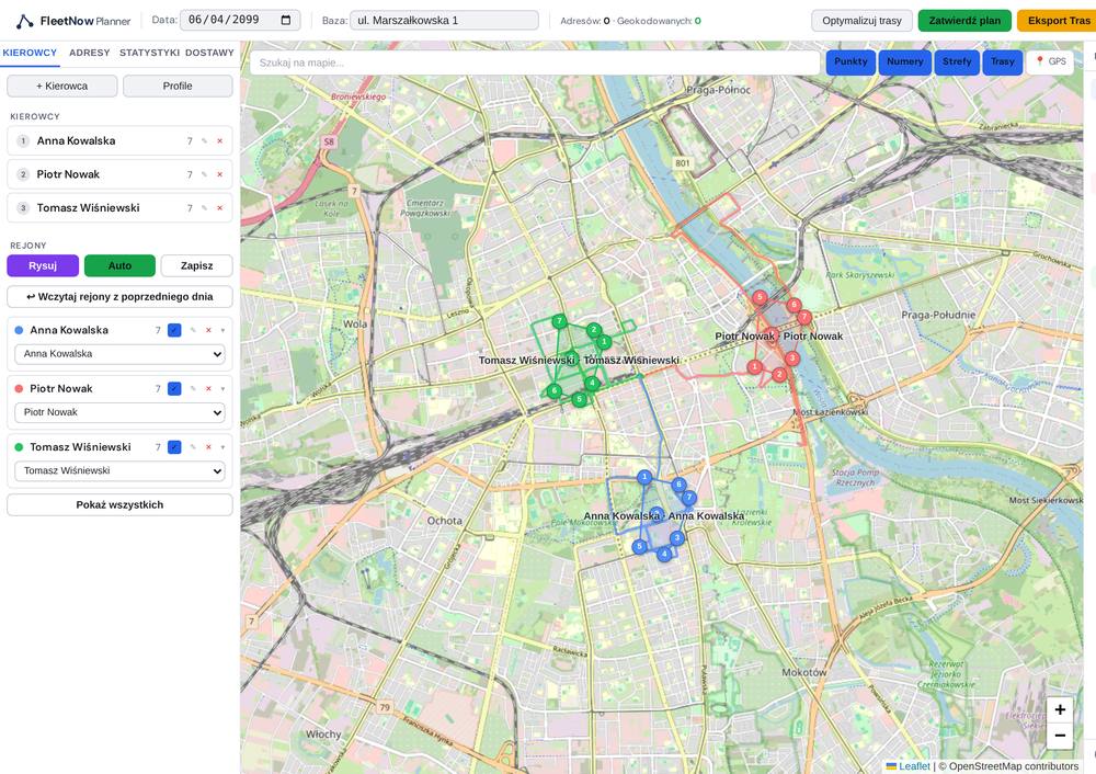 Panel FleetNow Planner: lista kierowców, rejony i mapa z rozplanowanymi trasami dostaw